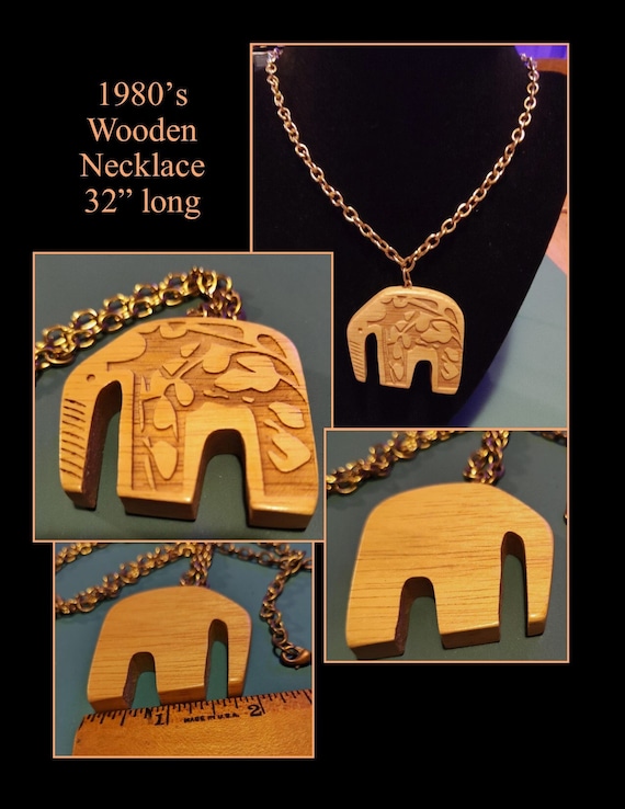 1980's carved wooden elephant pendant necklace. Bo