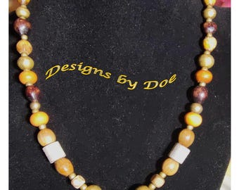 Designs by Doe, Brown Orange white Seeds Brass Beaded Choker Necklace 17.5”Long. Lobster Clasp SHIPS FREE
