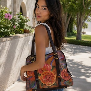 1990's Anuschka Python Bloom Floral Large Hand painted Leather Tote Handbag. SHIPS FREE