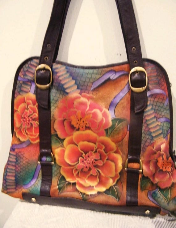 1990's Anuschka Python Bloom Floral Large Hand pa… - image 2