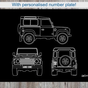 May include: Black poster with white line drawings of a classic off-road vehicle in three views: side, front, and rear. The front view shows a personalized license plate. The text "With personalised number plate!" is at the top.