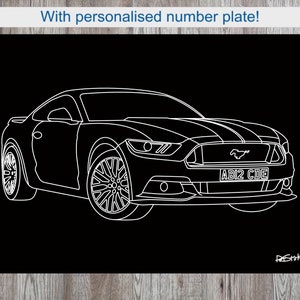 May include: A black and white line drawing of a sports car with the text "With personalised number plate!" at the top. The car has a personalized license plate that reads "ABI2 CDE". The artist's signature is in the bottom right corner.