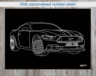 Puede incluir: Un dibujo lineal en blanco y negro de un coche deportivo con el texto "With personalised number plate!" en la parte superior. El coche tiene una matrícula personalizada que dice "ABI2 CDE". La firma del artista está en la esquina inferior derecha.