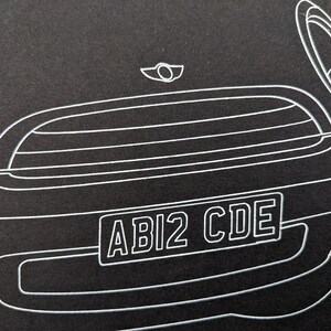 Puede incluir: Dibujo lineal blanco de la parte delantera de un Mini Cooper sobre fondo negro. Se ven los faros, la parrilla y la matr&iacute;cula con el texto "ABI2 CDE".