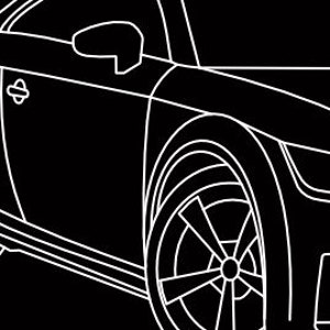 May include: A black and white line drawing of a sports car. The image shows the side and front of the car, with details like the wheels, door, side mirror, and headlights outlined in white against a black background.