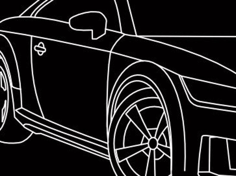 May include: A black and white line drawing of a sports car. The image shows the side and front of the car, with details like the wheels, door, side mirror, and headlights outlined in white against a black background.