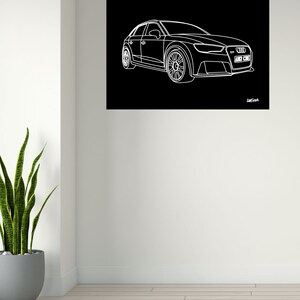 May include: White line drawing of a car on a black background. The car is a sedan with detailed wheels and a front grill. The artwork is displayed on a white wall, with a potted plant in the corner.