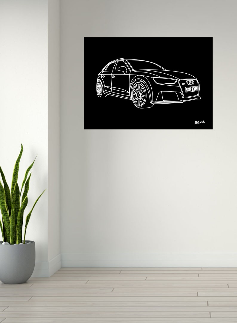 May include: White line drawing of a car on a black background. The car is a sedan with detailed wheels and a front grill. The artwork is displayed on a white wall, with a potted plant in the corner.