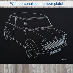 May include: A white line drawing of a classic Mini Cooper car on a black background. The car has a personalized license plate. The text at the top says, "With personalised number plate!"