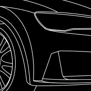 May include: Black and white line drawing of a car's front end, showcasing the headlight, wheel, and body contours. The design emphasizes the vehicle's sleek lines and sporty aesthetic.