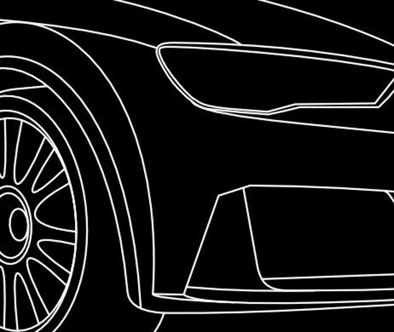 May include: Black and white line drawing of a car's front end, showcasing the headlight, wheel, and body contours. The design emphasizes the vehicle's sleek lines and sporty aesthetic.