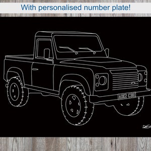 May include: Black and white line drawing of a pickup truck with the text "With personalised number plate!". The truck has large tires and a detailed front end. The number plate reads "AB12 CDE".
