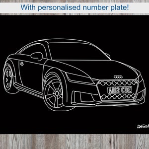 May include: White line drawing of an Audi TT sports car on a black background. The car's details, including wheels, headlights, and grille, are outlined. The license plate reads AB12 CDE. Text at the top says, "With personalised number plate!"