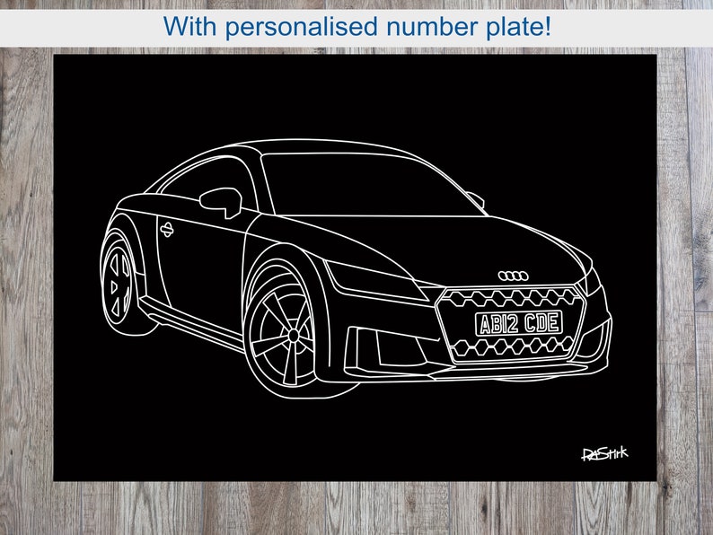 May include: White line drawing of an Audi TT sports car on a black background. The car's details, including wheels, headlights, and grille, are outlined. The license plate reads AB12 CDE. Text at the top says, "With personalised number plate!"