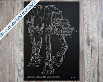 A3 AT-AT with optional personalised message on black 5mm foamboard.