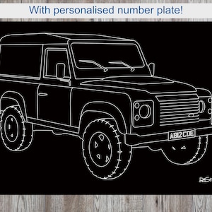 May include: Black and white line drawing of a Land Rover Defender. The image features the text "With personalised number plate!" at the top. The vehicle's license plate reads "ABI2 CDE".