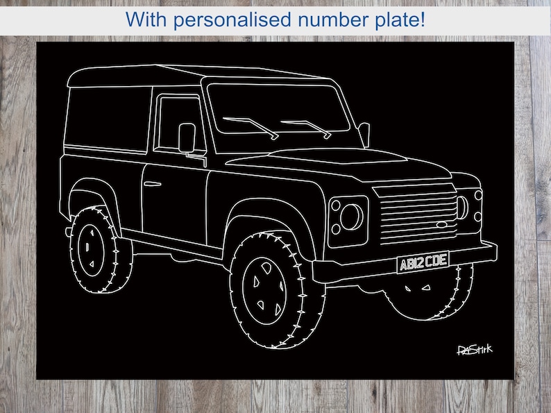 May include: Black and white line drawing of a Land Rover Defender. The image features the text "With personalised number plate!" at the top. The vehicle's license plate reads "ABI2 CDE".