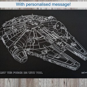 May include: A black and white schematic of the Millennium Falcon starship from Star Wars. The image includes the phrase "MAY THE FORCE BE WITH YOU" in white text. The artwork is on a black background.