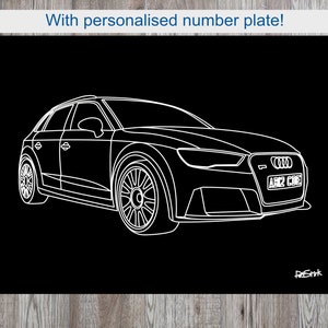 May include: White line drawing of a modern car on a black background. The car has a personalized license plate. The text at the top says, "With personalized number plate!"