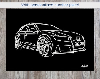 Puede incluir: Dibujo lineal blanco de un coche moderno sobre fondo negro. El coche tiene una matrícula personalizada. El texto en la parte superior dice: "¡Con matrícula personalizada!"