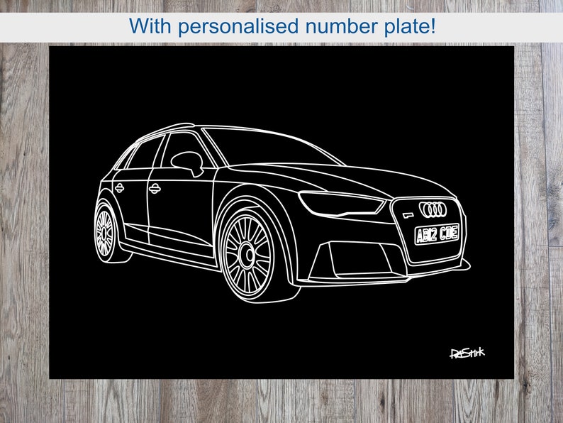 May include: White line drawing of a modern car on a black background. The car has a personalized license plate. The text at the top says, "With personalized number plate!"