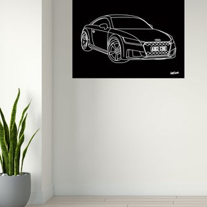 May include: White line drawing of a sports car on a black background. The car has detailed features, including wheels, headlights, and a license plate that reads "ABC2 CDE". The artwork is signed in the bottom right corner.