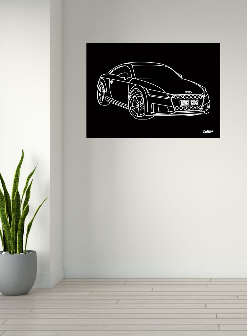 May include: White line drawing of a sports car on a black background. The car has detailed features, including wheels, headlights, and a license plate that reads "ABC2 CDE". The artwork is signed in the bottom right corner.