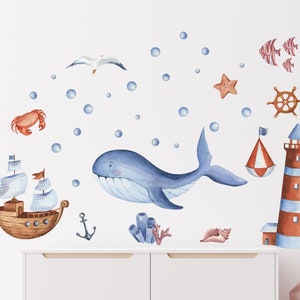 Ocean Adventure Wall Decals for Kids - Whale, Lighthouse & Ship Stickers, Nautical Nursery Room Decoration, Nursery Wall Decal, Ega_whale003