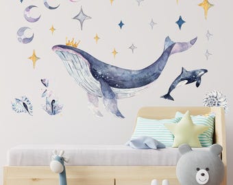 Watercolor Whale Moon Wall Decal, Under the Sea Nursery Decor