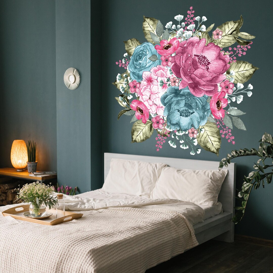 Watercolor Floral Peony Wall Decal for Nursery, Large Wall Sticker for ...