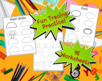 May include: A collection of 16 tracing worksheets for kids, featuring shapes and patterns. The worksheets are printed on white paper with black outlines and include the text "Fun Tracing Practice!" and "Semi circle" and "Oval". Colorful pencils and other school supplies are scattered around.