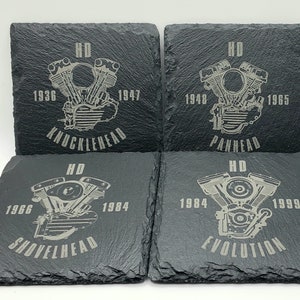 HD Engines Slate, Knucklehead, Shovelhead, Panhead and Evo. Laser Engraved, Set of 4.
