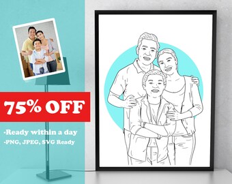 Aangepast familieportret: minimalistische tekening (digitaal bestand)