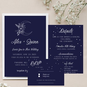 Canva Pro Blue Moon Wedding Invitation Template | Boho Invite Set | Instant Download