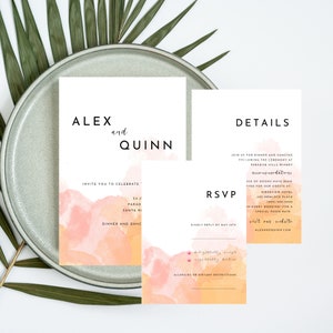 Canva Pro Watercolor Wedding Invitation Template | Pink and Orange Set