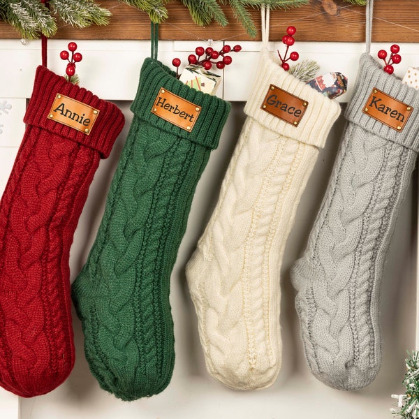 Personalized knit Christmas Stockings, Christmas Stocking with Name, Monogram Family Stocking set of 3 4 5, Engraved Holiday Stocking Gifts