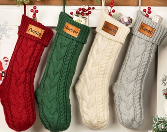 Personalized knit Christmas Stockings, Christmas Stocking with Name, Monogram Family Stocking set of 3 4 5, Engraved Holiday Stocking Gifts