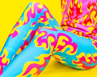 Flame Leggings in Blue, Pink & Yellow