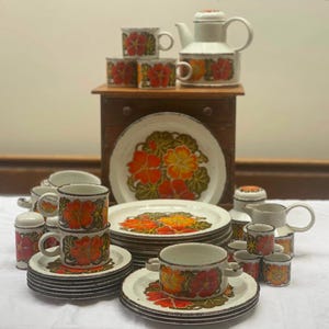 May include: A ceramic dinnerware set featuring a speckled off-white glaze with vibrant orange and red floral patterns. The collection includes a teapot, stacked cups, saucers, plates, bowls with side handles, a creamer, and salt and pepper shakers.