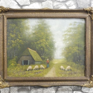 Antique Dutch Oil Painting Farmer and Sheep