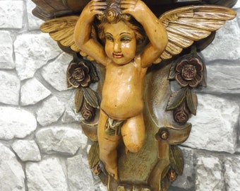 Vintage Mid Century Wooden Wall Console Angel Statue