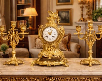アンティーク 西ドイツ製　置時計 ＆ 燭台 ３点セット Antique French Bronze Cathedral Clock With Matching Candelabras