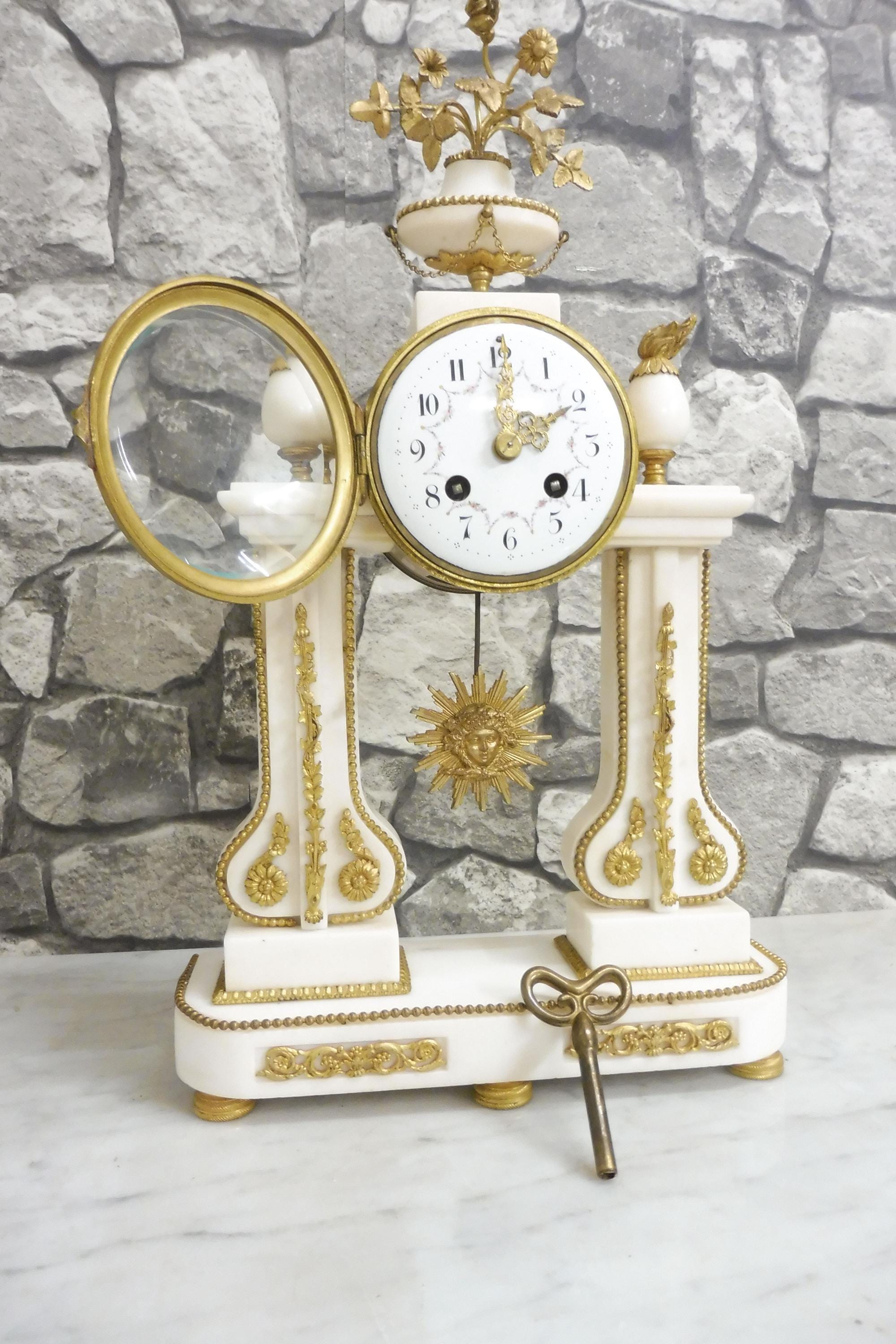 Antique French Mantel Clock Louis XVI Table Clock White Marble