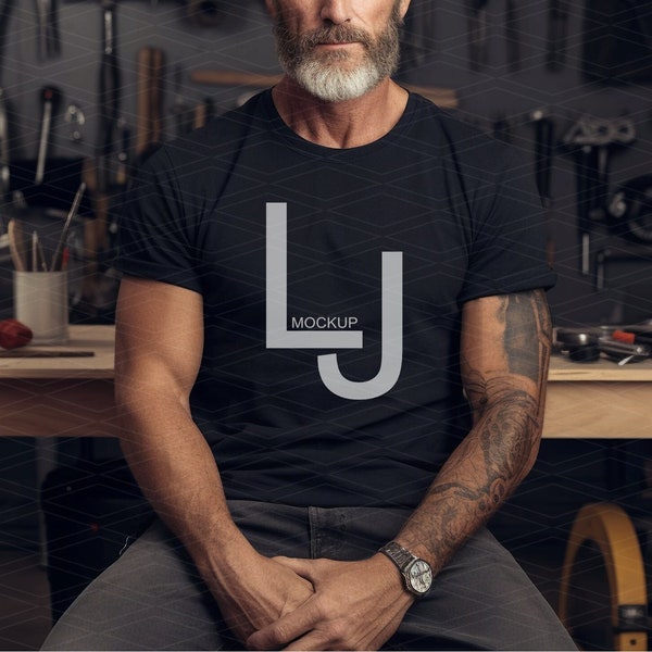 Black Bella Canvas 3001 Mockup, Father’s Day Mockup, Dad Grandpa Mockup, Men Styled Mockup, Male Garage Workshop Mockup, 3001 Unisex Mockup