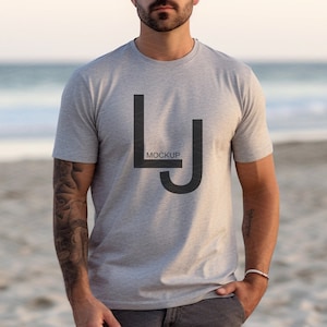 Bella Canvas 3001 Mockup Athletic Heather, Men Mockup Model, Unisex Shirt Mockup, Male Styled Mockup, Beach Mockup, Model 3001 Mockup