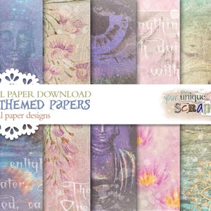 Pode incluir: Download digital de papéis com tema zen, com oito designs originais. Os papéis apresentam uma gama de cores e texturas, incluindo imagens de Buda, flores e textos inspiradores. Ideal para scrapbooking e projetos de artesanato.