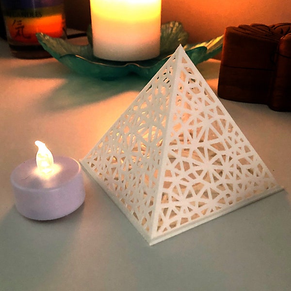 Pyramid tea light holder - 3D printed white with PLA - open lattice pattern - Gift - Collectable