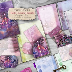 Pode incluir: Um pacote de papel digital para um diário de viagem Reiki. O pacote inclui 26 papéis, 7 etiquetas, 3 envelopes e 3 bolsos. Os papéis apresentam uma variedade de designs, incluindo uma mulher meditando em uma galáxia roxa e rosa, um mandala e um coração com a palavra "Espiritual" escrita nele. Os papéis são perfeitos para manter um diário, fazer scrapbooking e outros projetos criativos.
