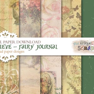 Pode incluir: Um pacote de download de papel digital com 12 designs originais com tema de fadas. Os papéis têm uma estética vintage com imagens de fadas, rosas e texto escrito à mão. O texto na imagem diz "I Believe - Fairy Journal".