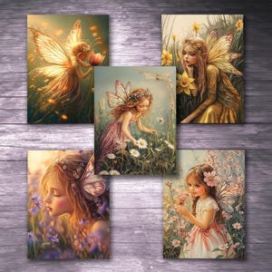 May include: A set of four digital art prints featuring fairies with wings and flowers. The fairies are depicted in a whimsical style with soft colours and delicate features.